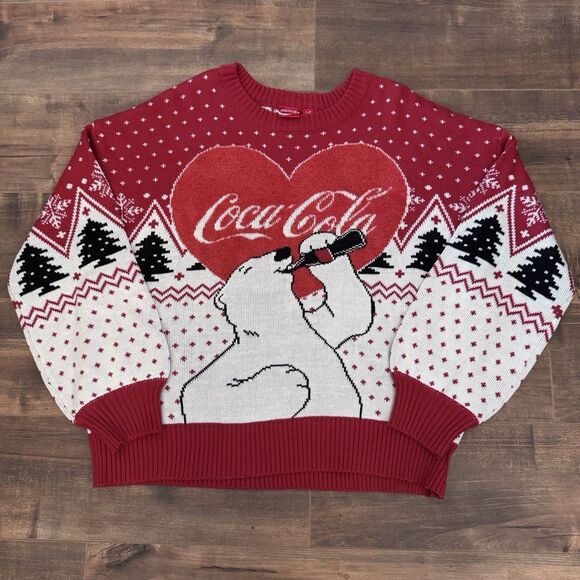 Adult Unisex Iconic Coca-Cola Heart Polar Bear Ugly Christmas Sweater Large - Picture 1 of 7